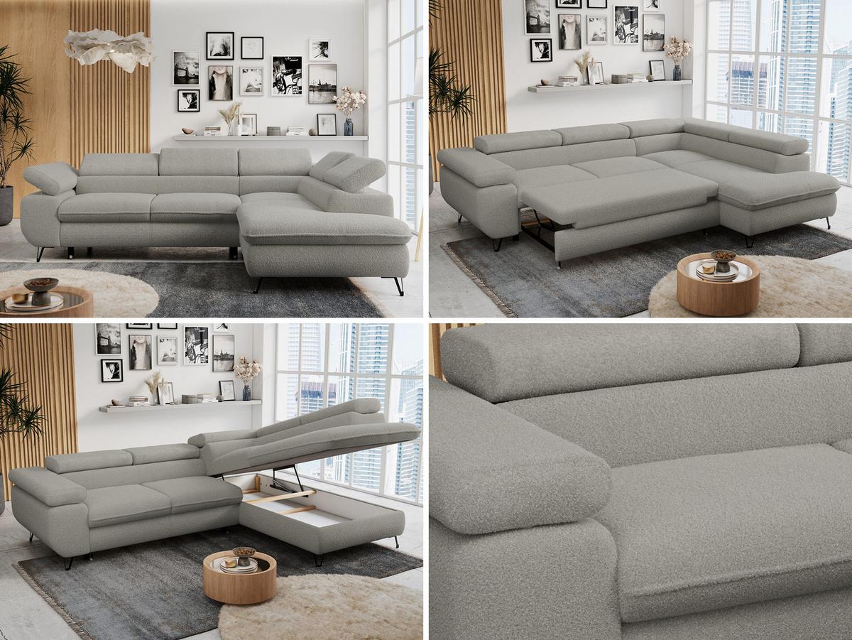 ECKSOFA PETER L Hellgrau Boucle - Rechts Seite - Hellgrau/Schwarz, Textil/Metall (273/208cm) - MKS