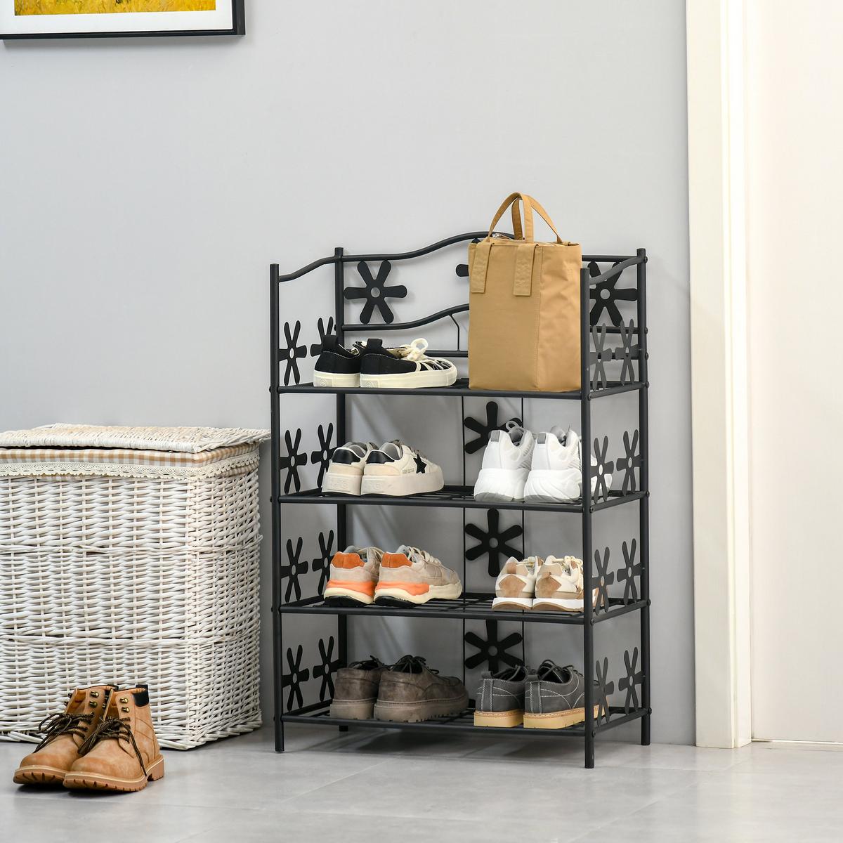 SCHUHREGAL, Standregal, Ständer, 4 Ebenen, Metall, 59,5 x 30 x 92 cm, Schwarz - Schwarz, Metall (30/92/595cm) - HOMCOM