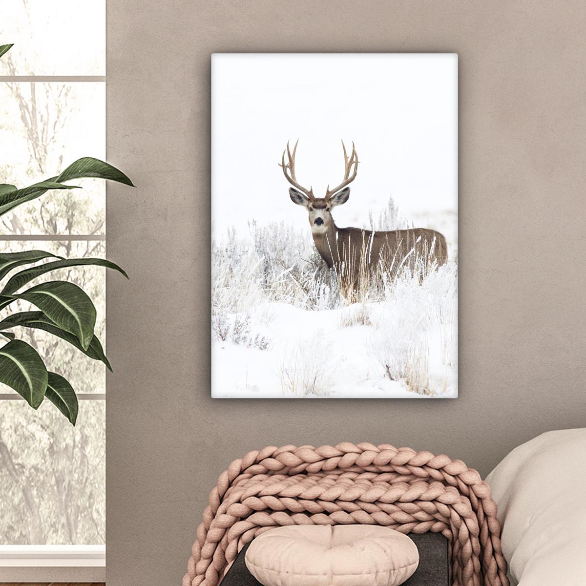 LEINWANDBILD Hirsche - Winter - Schnee - Tiere - Jahreszeiten - Weiß Wandbild Wohnzimmer 60x80 cm - Hellbraun, Textil (60/80cm) - MuchoWow