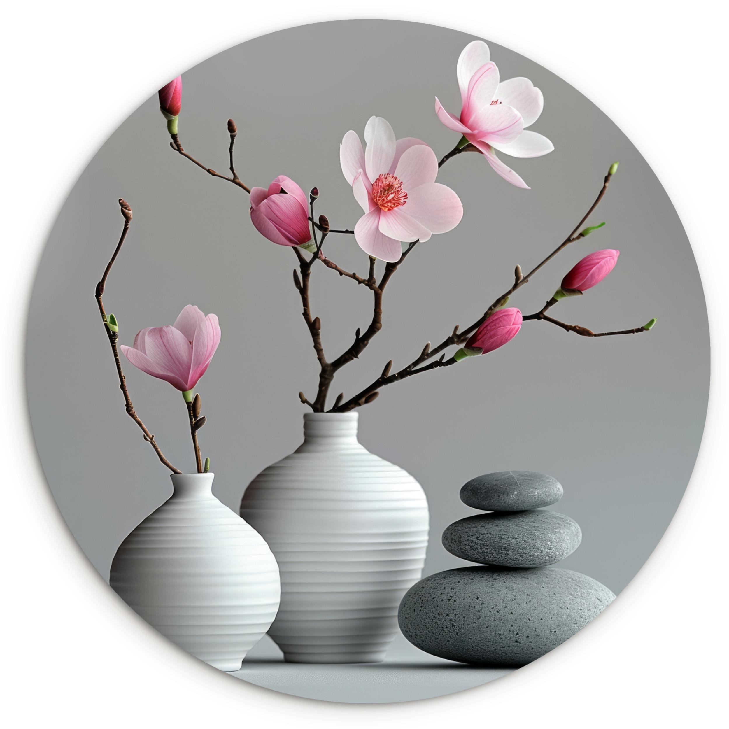 WANDBILD Magnolie - Blumen - Rosa - Zen-Steine Wandbild 120x120 cm - Hellgrau, Kunststoff (120/120cm) - MuchoWow