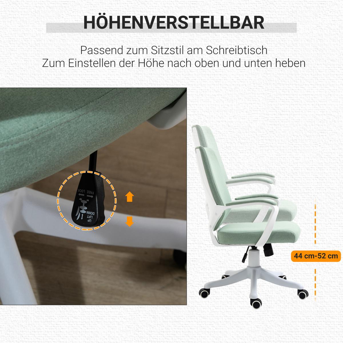 BÜROSTUHL Drehstuhl höhenverstellbarer dick gepolstert Polyester Grün+Weiß - Hellgrün, Kunststoff (69/100/62cm) - Vinsetto