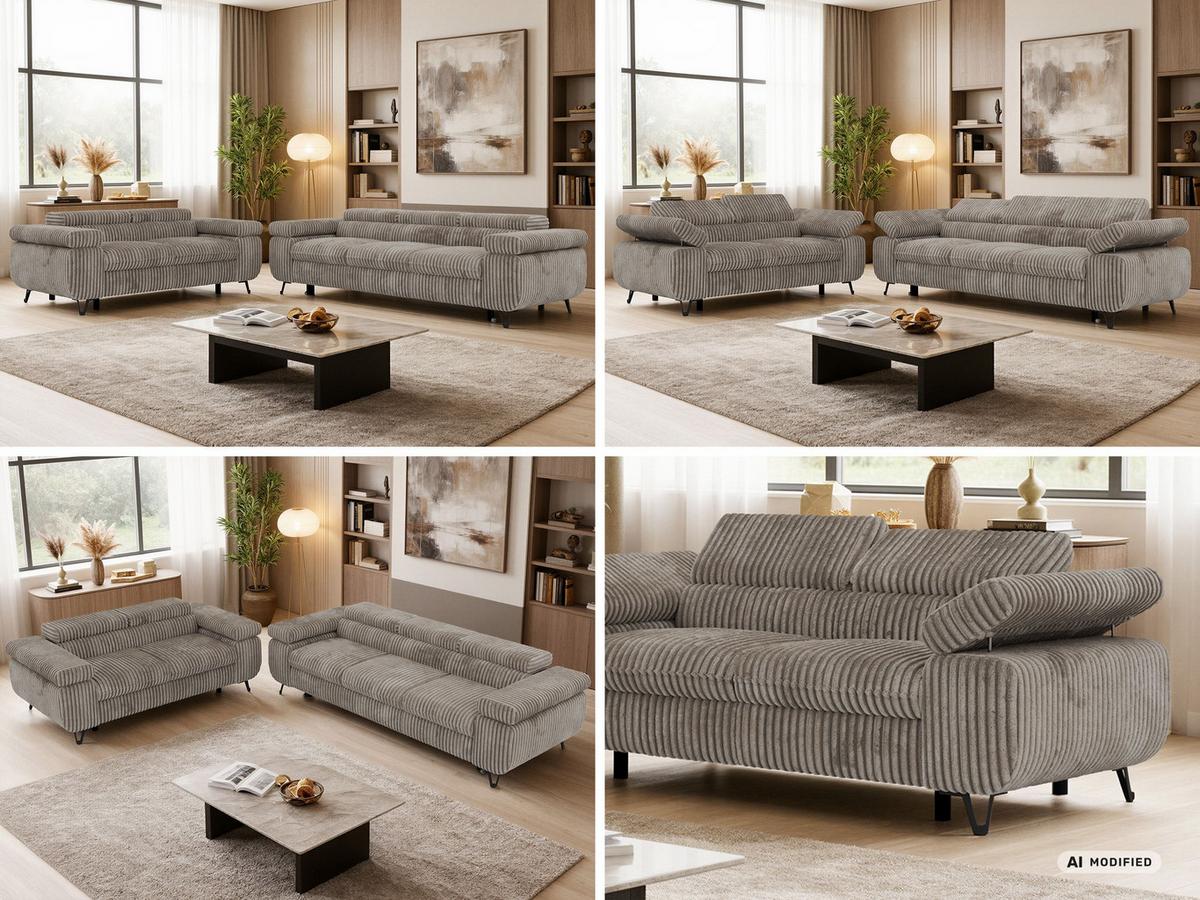 SITZGARNITUR PETERS 2+3 - Hellbraun Cord - Hellbraun/Schwarz, Textil/Metall (262/76/99cm) - MKS