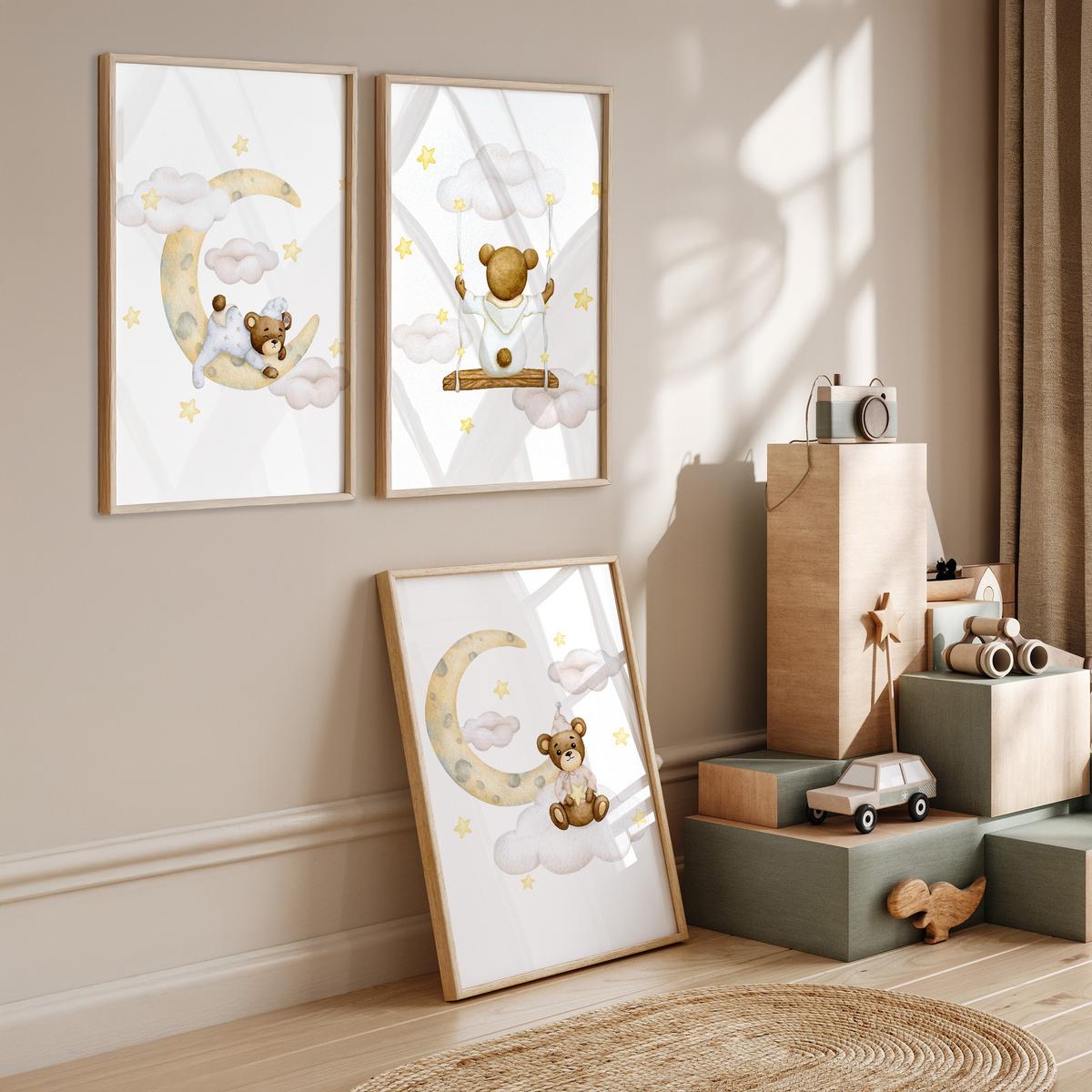 POSTER SET für Kinderzimmer Teddybären Monde Wolken Sterne 3x Poster A3 30x42cm - Gelb/Beige, Papier (30/42/1cm) - Muralo