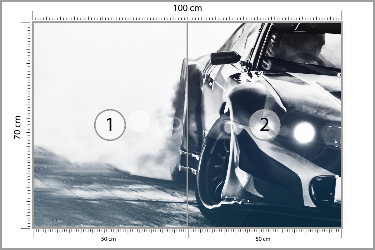FOTOTAPETE für Jugendzimmer Drift Sportwagen Action 100x70 - Schwarz/Weiß, Papier (100/70cm) - Muralo