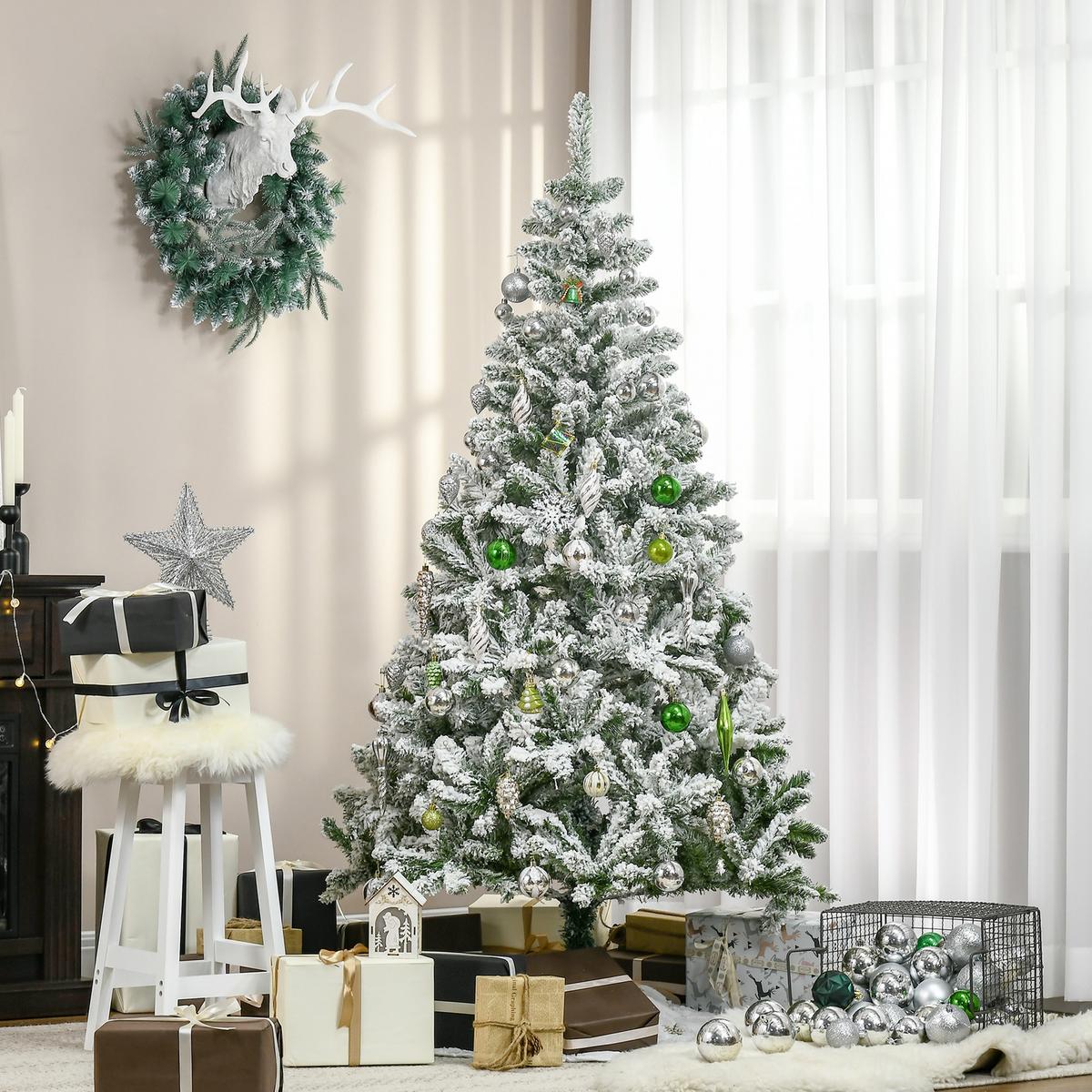 KÜNSTLICHER WEIHNACHTSBAUM mit Kunstschnee, Indoor 180 cm - Grün, Kunststoff/Metall (180cm) - HOMCOM