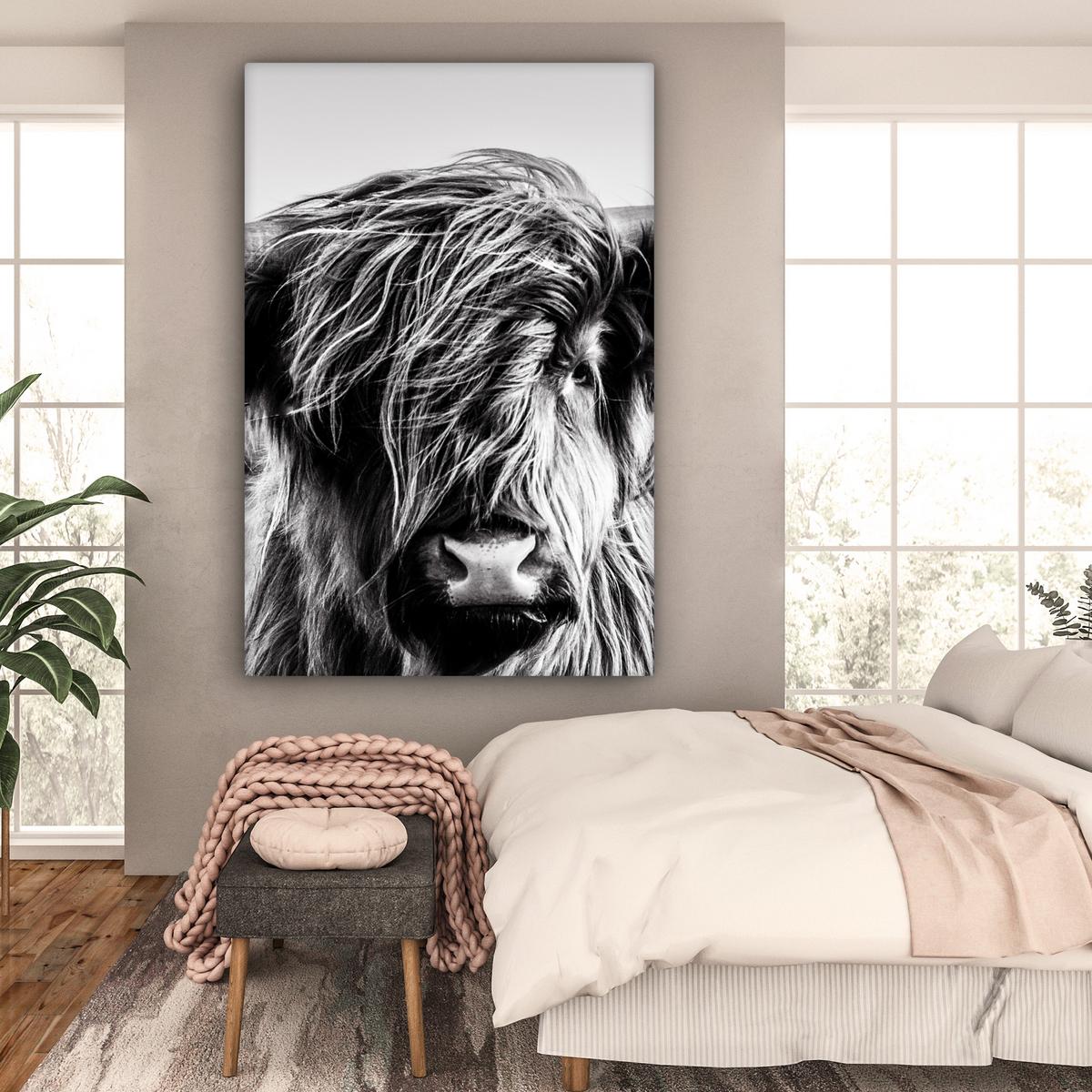 LEINWANDBILD Kuh - Schottischer Hochländer - Schwarz - Weiß - Tier - Natur - Wildtiere Deko Groß 90x140 cm - Schwarz, Textil (90/140cm) - MuchoWow