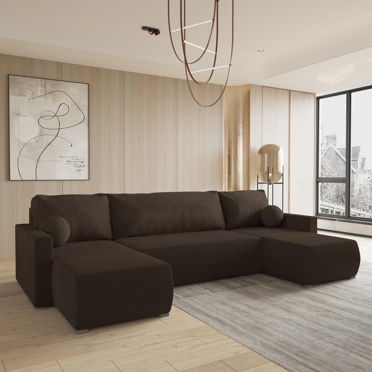 WOHNLANDSCHAFT TESSUN Braun Plüsch-Stoff mit Schlaffunktion - Braun, Holz (286/85/143cm) - MASSENO