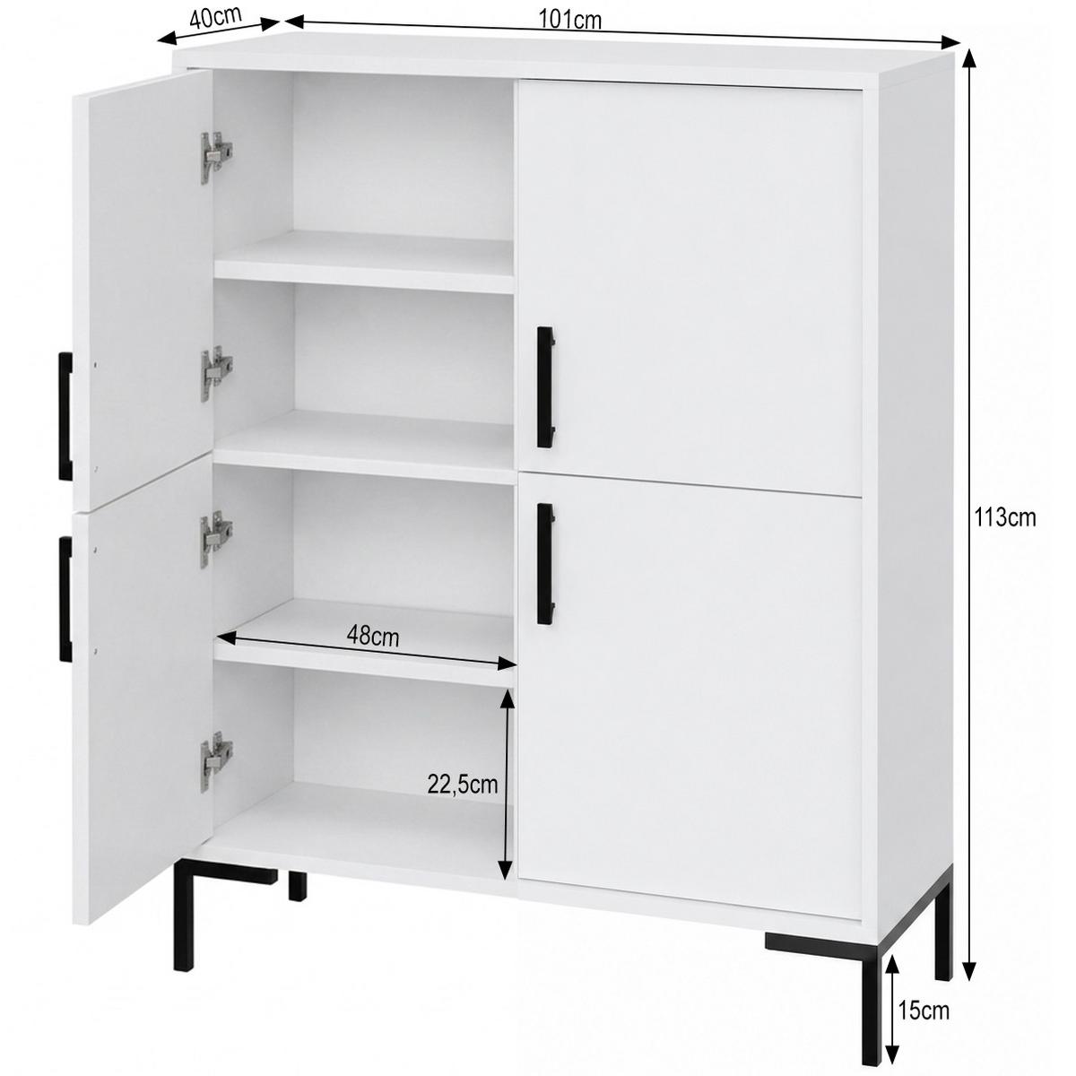 KOMMODE Montreal mit 4 Türen, dekorative 3D-Fronten, Highboard 100 cm, Weiß - Schwarz/Weiß, Holzwerkstoff/Metall (101/113/40cm) - Beautysofa