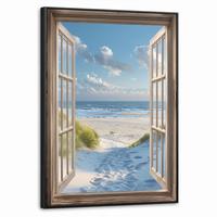 LEINWAND Bilder mit Rahmen - Aussicht - Strand - Fenster - Dünen - Meer - 70x100 - Hellblau, Textil (70/100cm) - MuchoWow