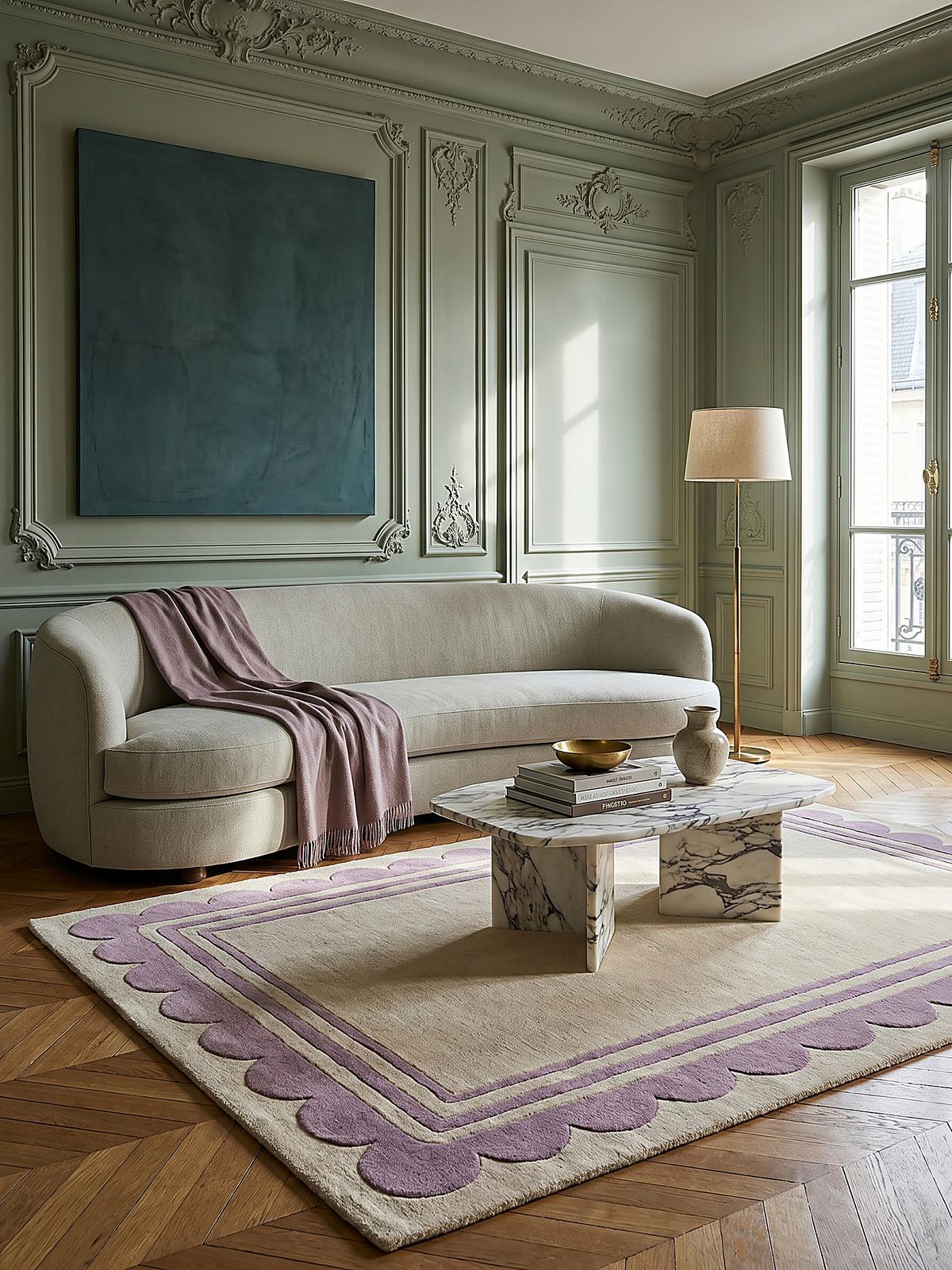 WOLLTEPPICH WENSUM, mit grafischem Muster mit Rahmen, Lila-Beige, 120 x 170 cm - Lila, Textil (170/120cm) - KADIMA DESIGN