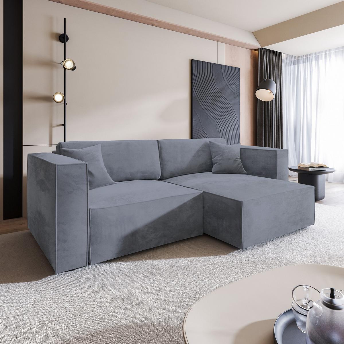 ECKSOFA NERIO M Grau Velours-Stoff mit Schlaffunktion - Grau, Holz/Kunststoff (245/148cm) - MASSENO