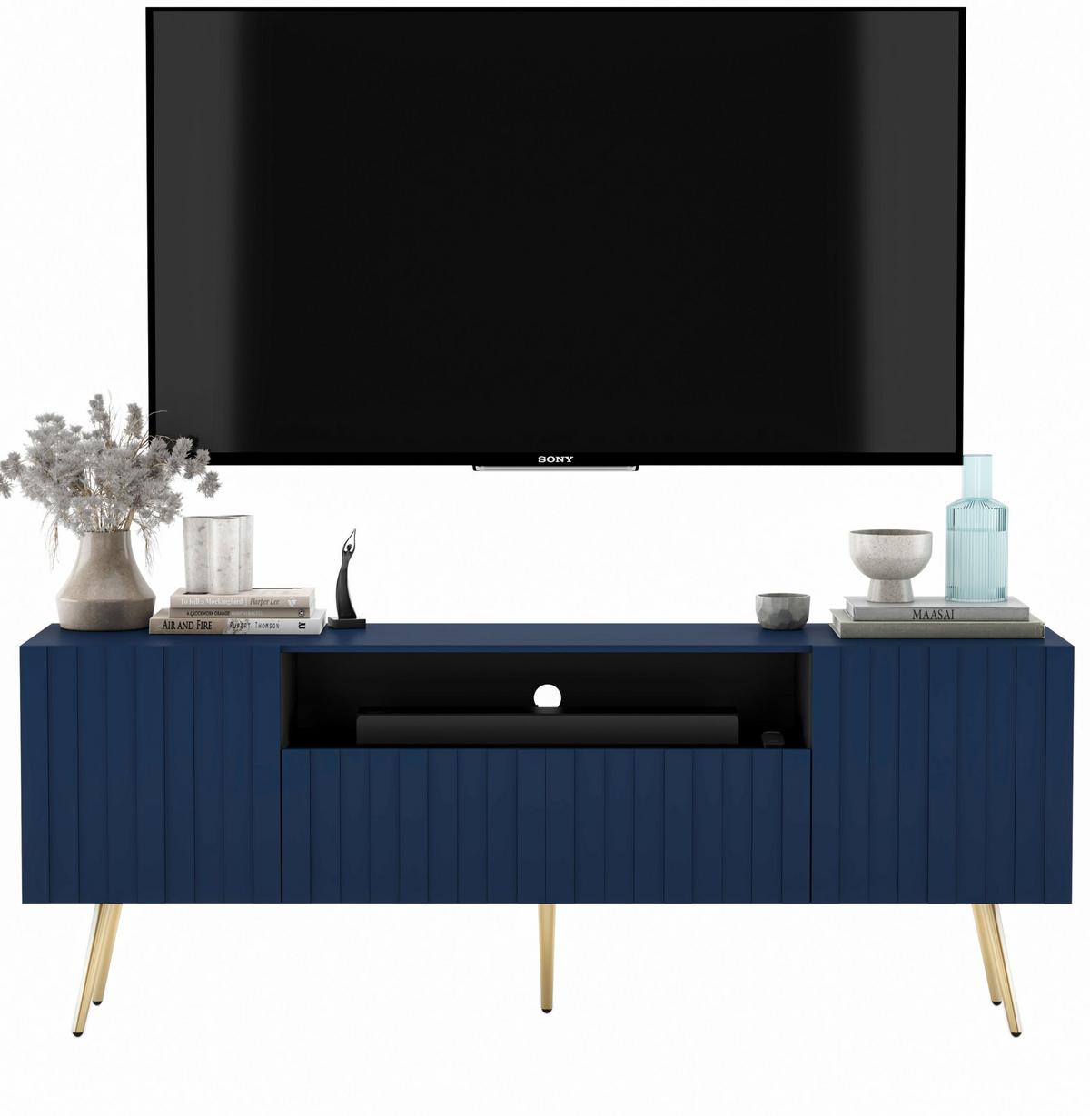 TV-SCHRANK Elpis Marineblau Matt mit Metallbeine Glamour 150 cm - Blau/Schwarz, Holzwerkstoff/Metall (150/60.5/36.5cm) - Meble Lindner