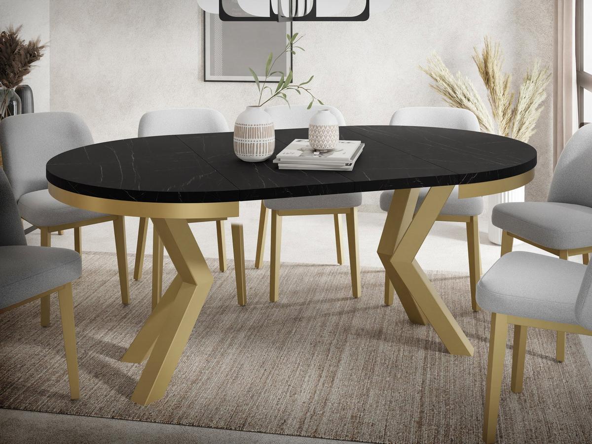 ESSTISCH Clara Gold runder ausziehbarer, Marmor Schwarz 120-200/120/76 cm - Anthrazit/Goldfarben, Holzwerkstoff/Metall (120/196/76cm) - WFL GROUP