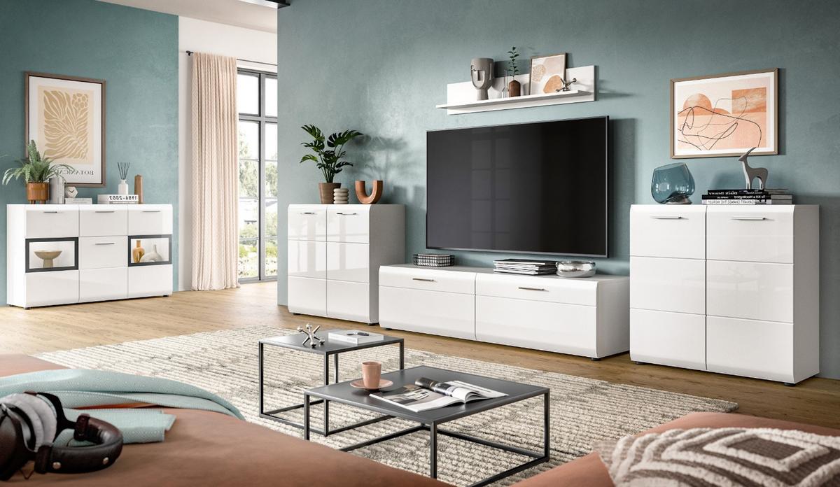 WOHNWAND weiß Hochglanz 4-teilig 350 cm, Schrankwand mit viel Stauraum - Weiß Hochglanz/Silberfarben, Glas/Holzwerkstoff (350/160/41cm) - Inn.Furn