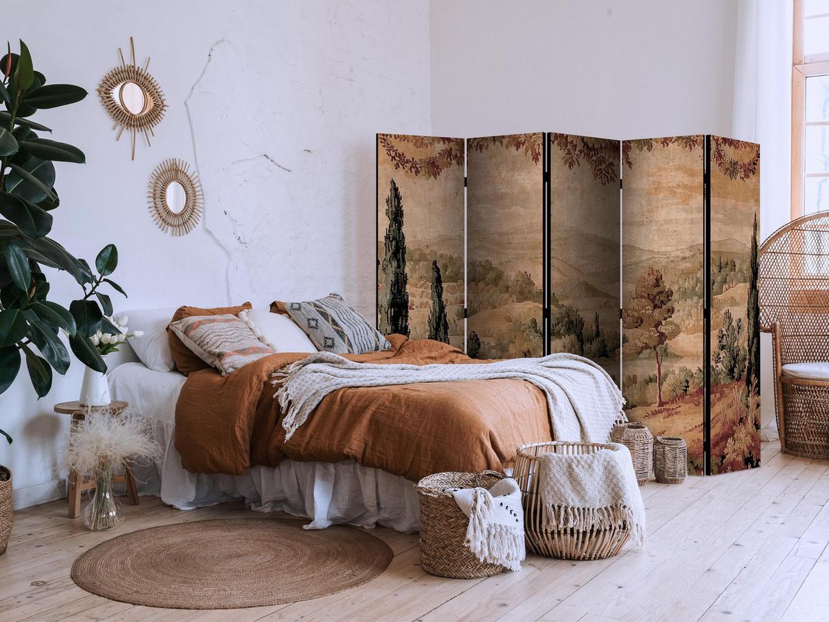 PARAVENT Akustik 5-tlg 225x172 cm Retro Landschaft - Braun, Holz/Textil (225/172/3cm) - Muralo