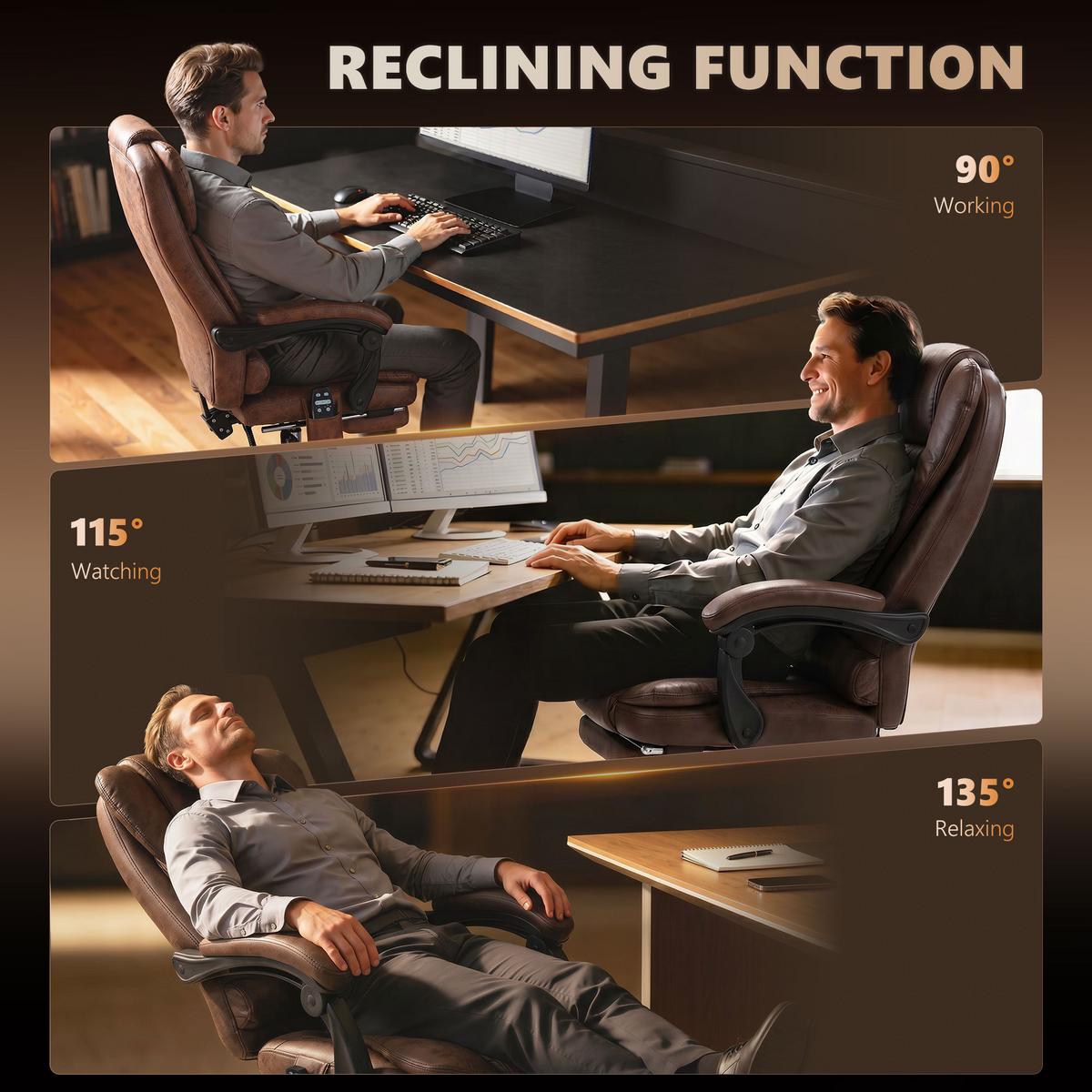 CHEFSESSEL mit Massagefunktion, Ergonomisch Schreibtischstuhl mit Liegefunktion - Silberfarben/Braun, Kunststoff/Textil (70/119/65cm) - Vinsetto