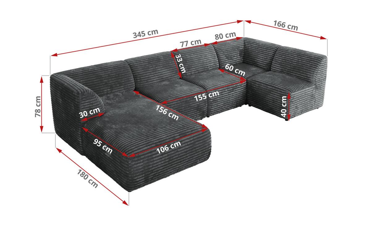 WOHNLANDSCHAFT MODARO U 5M - Dunkelgrau Cord - Rechts - Dunkelgrau/Schwarz, Textil (345/78/180cm) - MKS