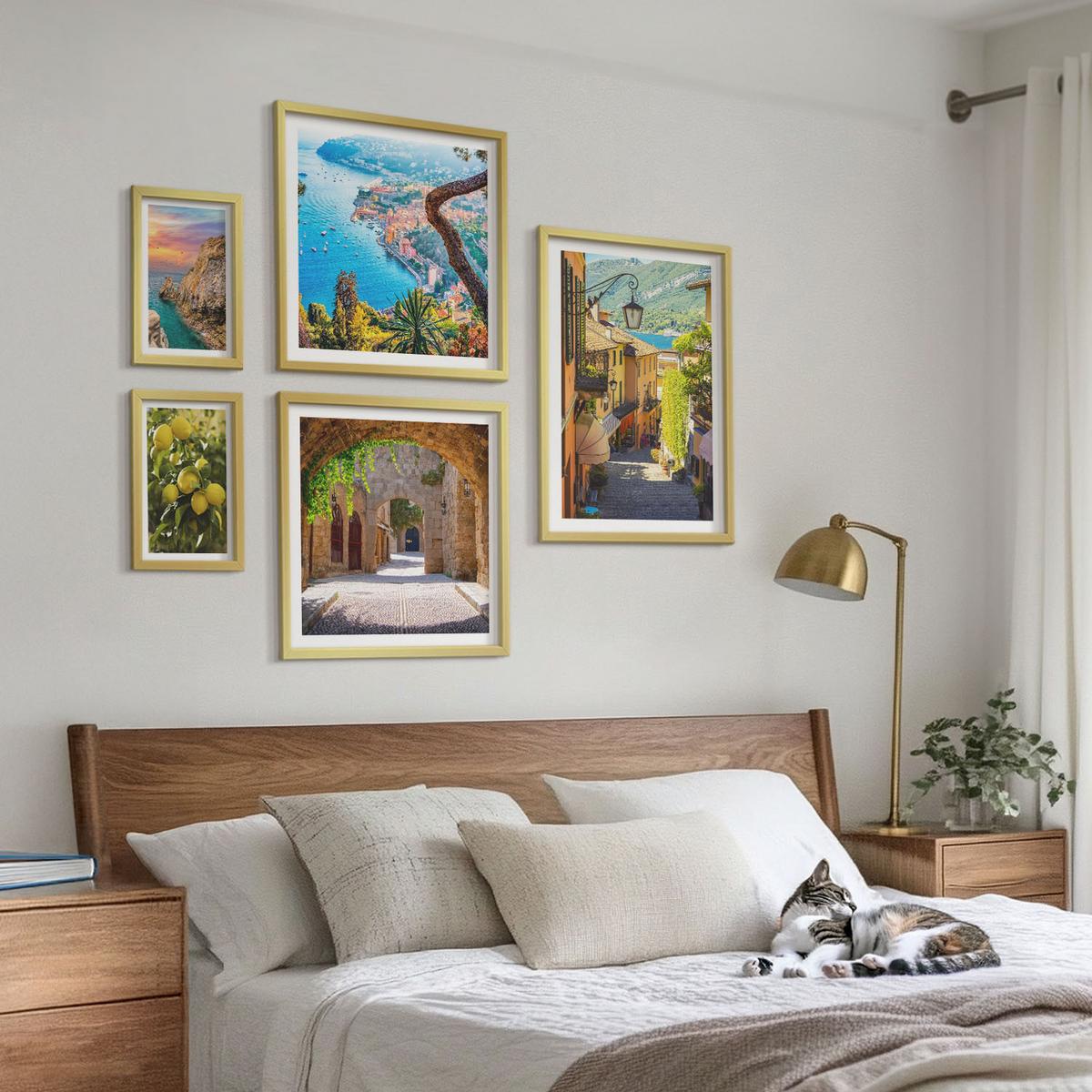 BILDER SET 5er Set - 50x50 cm & 20x30 cm & 40x60 cm Goldrahmen - Bezaubernde Straßen voller Zitronenblüten - Goldfarben, Kunststoff (40/60cm) - TULUP