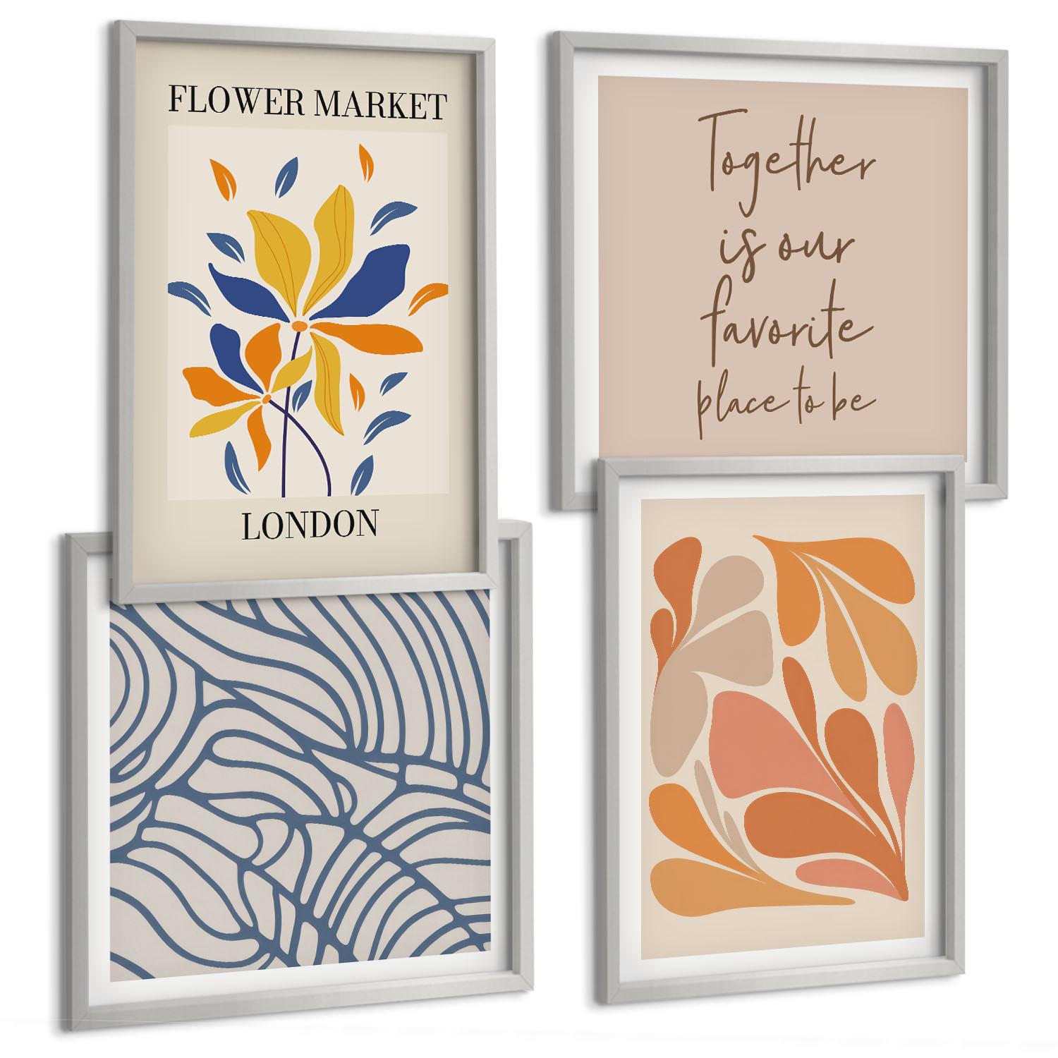 BILDER SET 4er Set - 50x50 cm & 40x60 cm Silberner Rahmen - Moderne abstrakte Blumen - Silberfarben, Kunststoff (50/50cm) - TULUP
