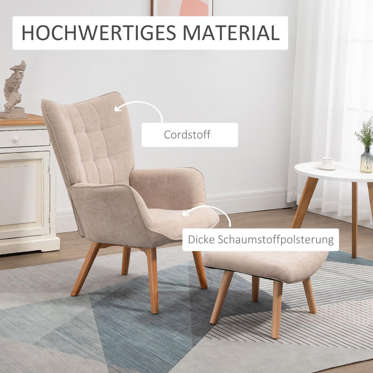 OHRENSESSEL mit Hocker, Relaxsessel, Polstersessel in Cord-Optik, mit Holzbeine - Beige/Naturfarben, Buchenholz/Textil (80/101/72cm) - HOMCOM