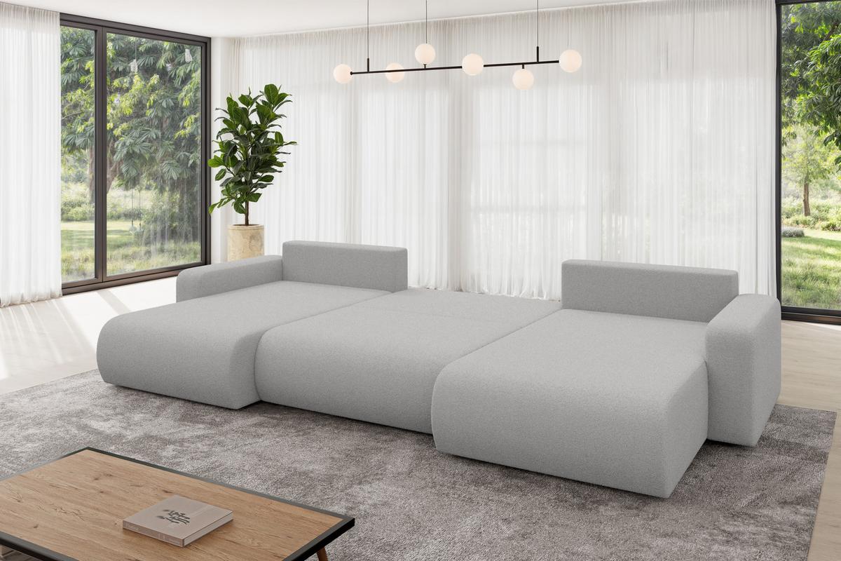 WOHNLANDSCHAFT mit Schlaffunktion und Bettkasten BERY-U 377x193x88 Hellgrau Bouclé - Silberfarben/Hellgrau, Holzwerkstoff/Kunststoff (377/88/193cm) - ALTDECOR