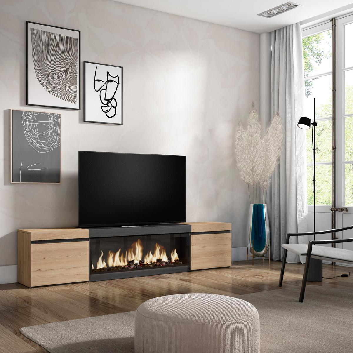 LOWBOARD, Tv-Schrank, mit Elektrokamin XXL, Eiche, Schwarz, 208/35/45cm - Eichefarben/Multicolor, Holzwerkstoff (208/45/35cm) - Skraut Home
