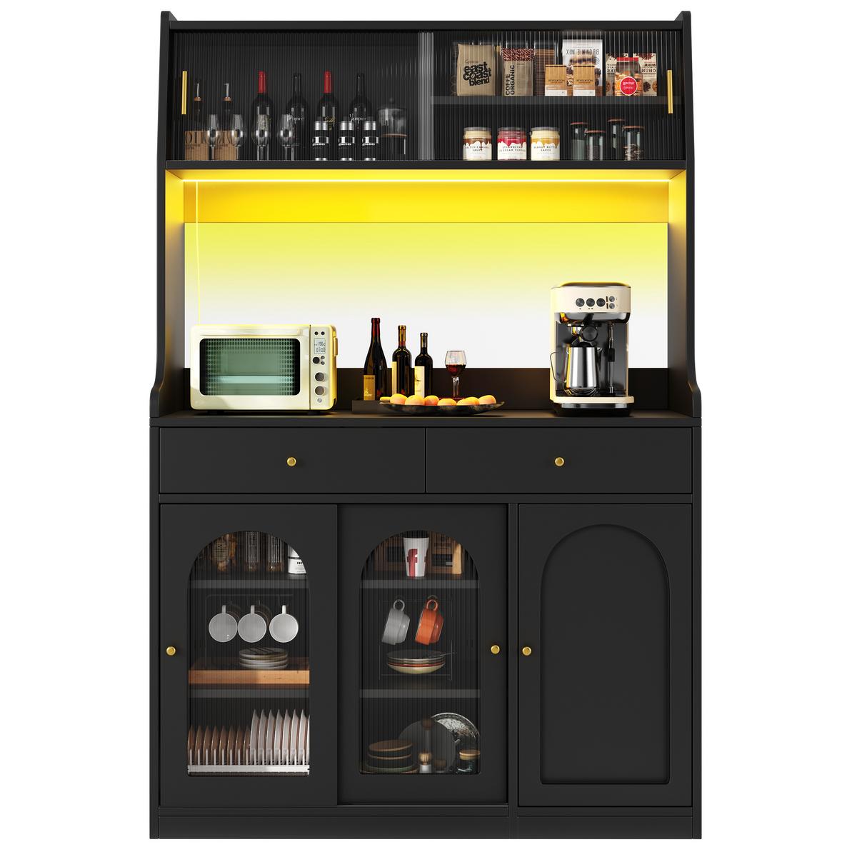 BUFFETSCHRANK schwarz mit glastüren 180 cm hoch mit app-led & 2 schubladen - Schwarz, Holzwerkstoff (120/180/40cm) - Urban Meuble