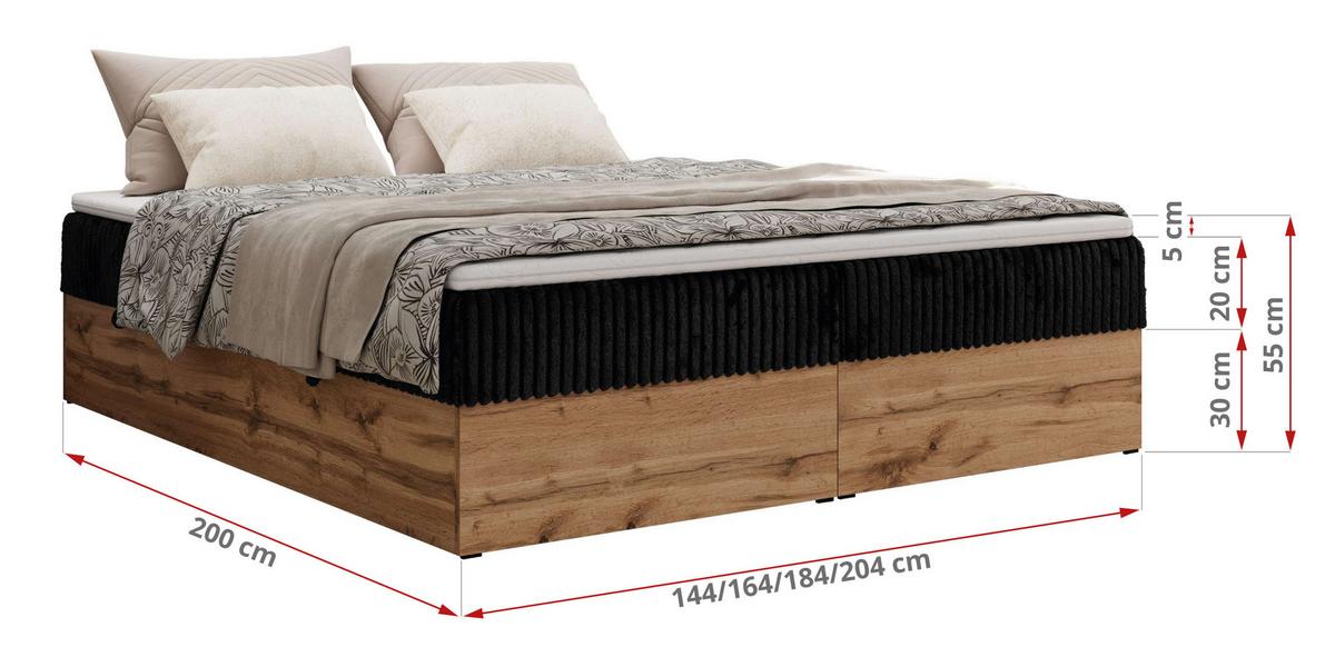 BOXBETT WOOD ZERO 160/200 - Schwarz Cord - H3 - Topper Visco - Schwarz, Textil (160/200cm) - MKS