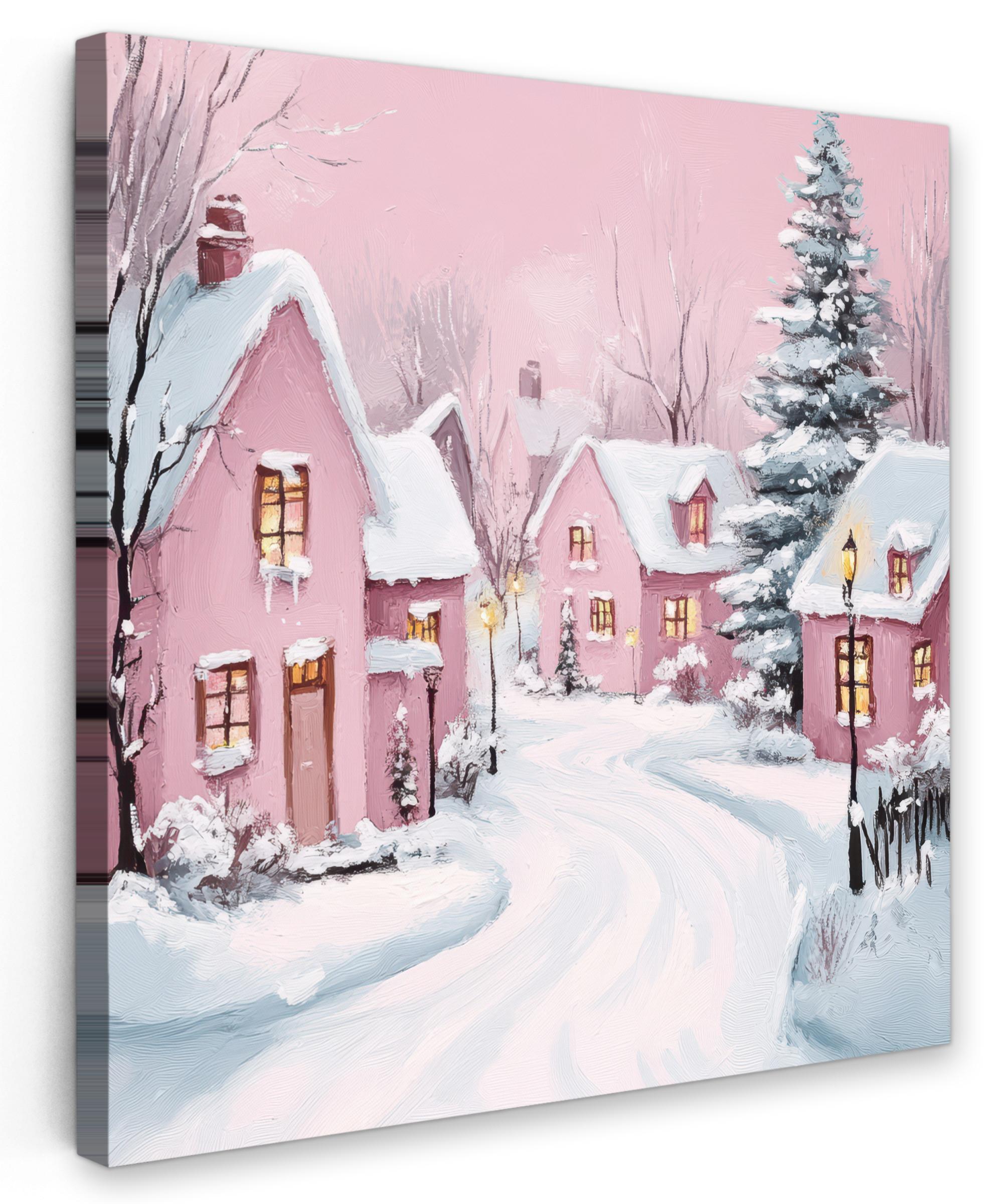 LEINWANDBILD Weihnachtsdorf - Rosa - Winter - Schnee - Häuser Wandbild Wohnzimmer 50x50 cm - Altrosa, Textil (50/50cm) - MuchoWow