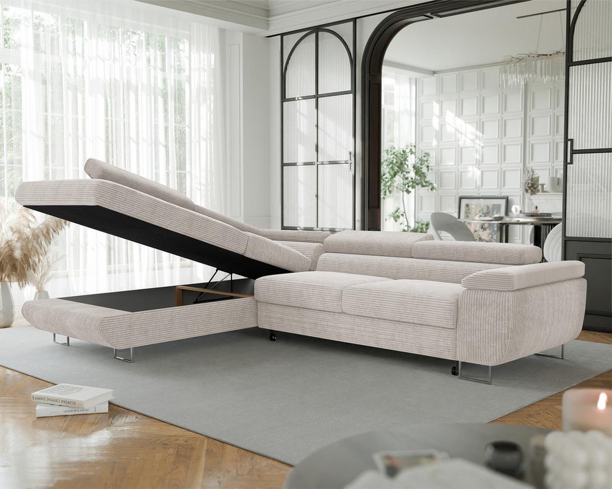 ECKSOFA ANTON links, mit Schlaffunktion und Bettkasten Creme - Chromfarben/Creme, Textil/Metall (274/203cm) - Idohome