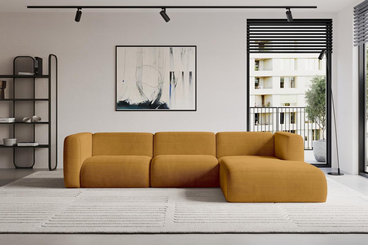 ECKSOFA Ottomane Rechts MIRA-L2 318x179x89 Senfgelb Cord - Currygelb/Schwarz, Holzwerkstoff/Kunststoff (318/179cm) - ALTDECOR