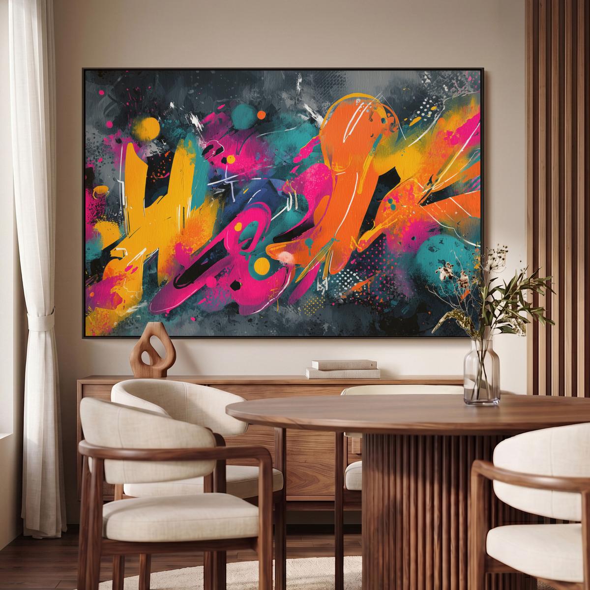 LEINWAND Bilder mit Rahmen - Abstrakt - Graffiti - Farbenfroh - Farbspritzer - 120x80 - Multicolor, Textil (120/80cm) - MuchoWow