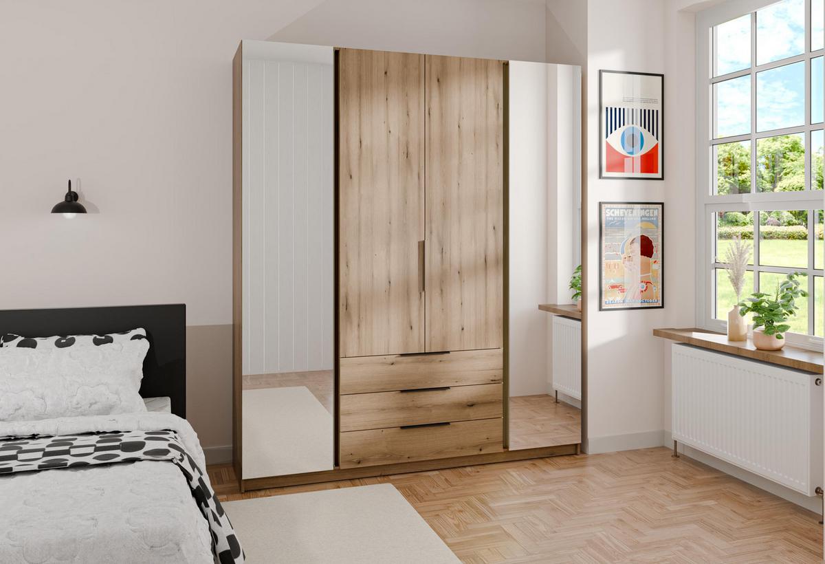 KLEIDERSCHRANK Nehir Eiche Evoke 200 cm - 4T3S Modern mit Schubladen und 2 Spiegeln außen - Eichefarben, Holzwerkstoff/Kunststoff (200/239/61.9cm) - AX Living
