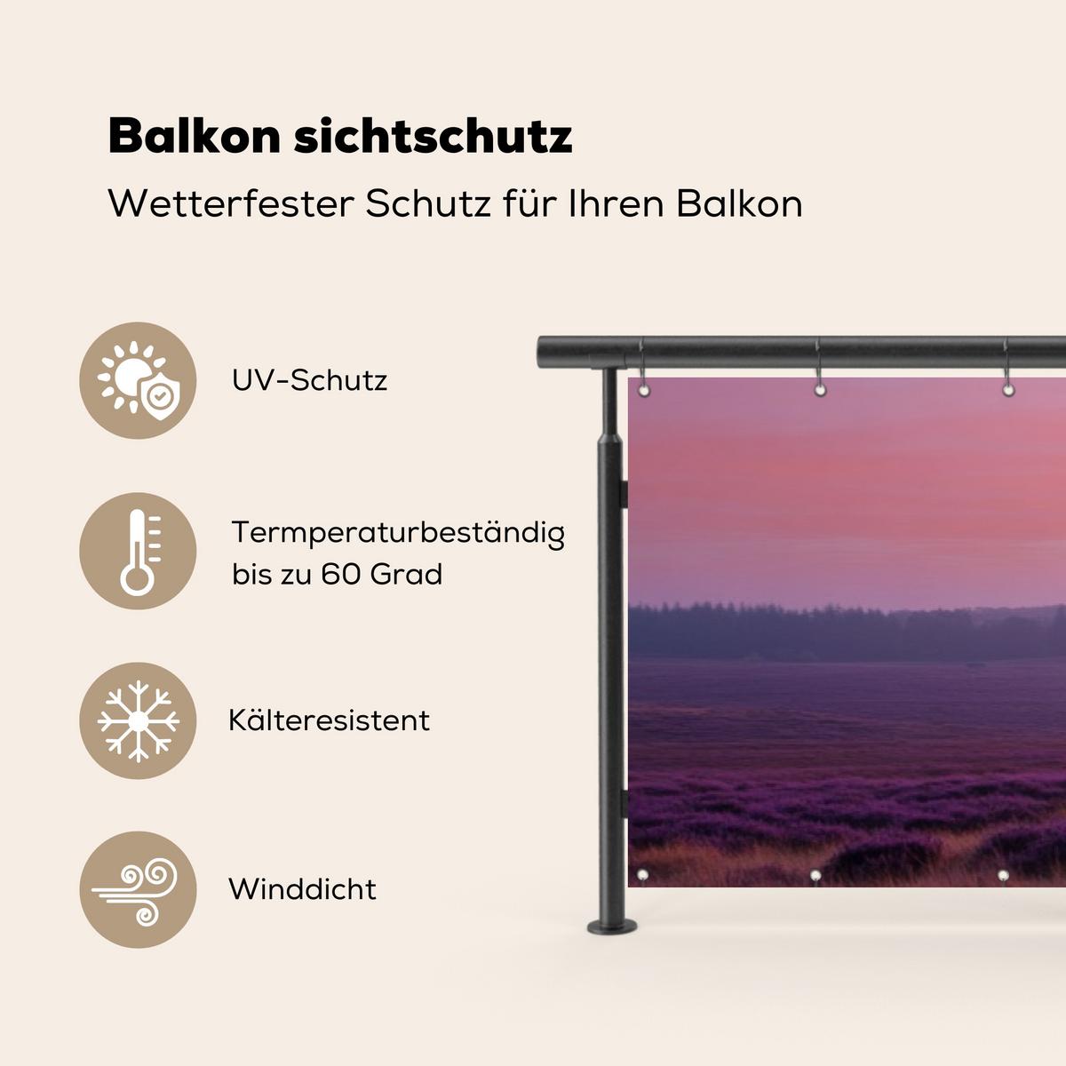 BALKON-SICHTSCHUTZ Baum - Heidekraut - Sonnenaufgang Deko XXL 500x100 cm - Flieder, Kunststoff (500/100cm) - MuchoWow