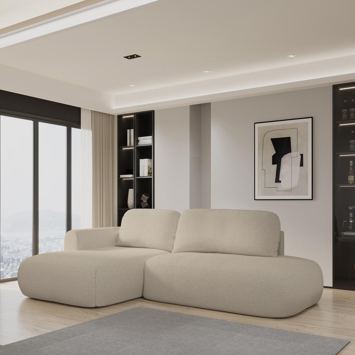ECKSOFA NUVIRA L-S Beige Boucle-Stoff mit Schlaffunktion - Beige, Holz (279/158cm) - MASSENO