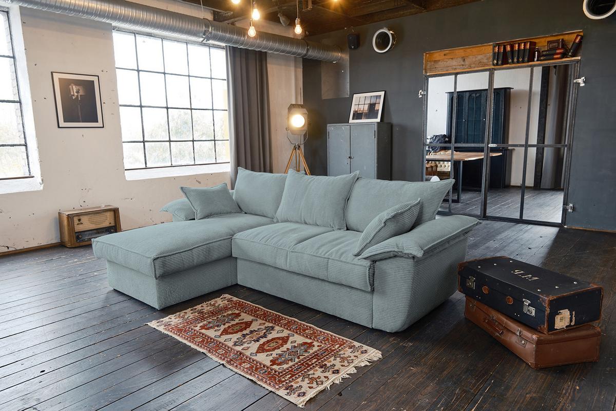 ECKSOFA DAMETO Hellblau Cord Mit Schlaffunktion - Schwarz/Hellblau, Kunststoff/Textil (266/174cm) - KAWOLA