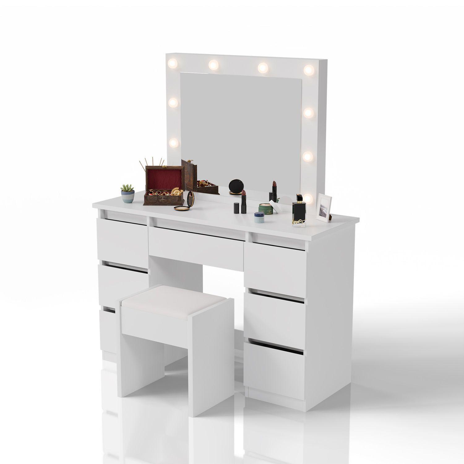 SCHMINKTISCH Talea mit LED (3 Lichtstufen) inkl Hocker Melly - Weiß, Holz (110/141/40cm) - Juskys