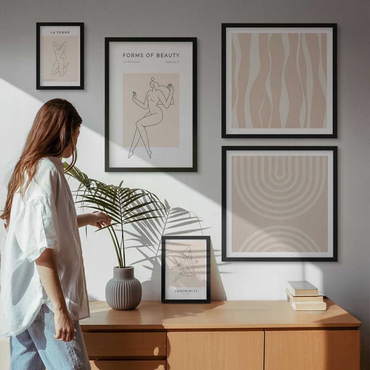 BILDER SET 5er Set - 50x50 cm & 20x30 cm & 40x60 cm Schwarzer Rahmen - Eine Sammlung minimalistischer Formen - Schwarz, Kunststoff (40/60cm) - TULUP