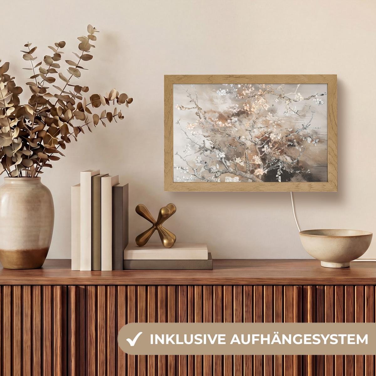 WANDLEUCHTE Mandelblüte - Kunst - Van Gogh - Beige - Abstrakt 30x20 cm - Graubraun, Holzwerkstoff (30/20/8cm) - OnlyWow