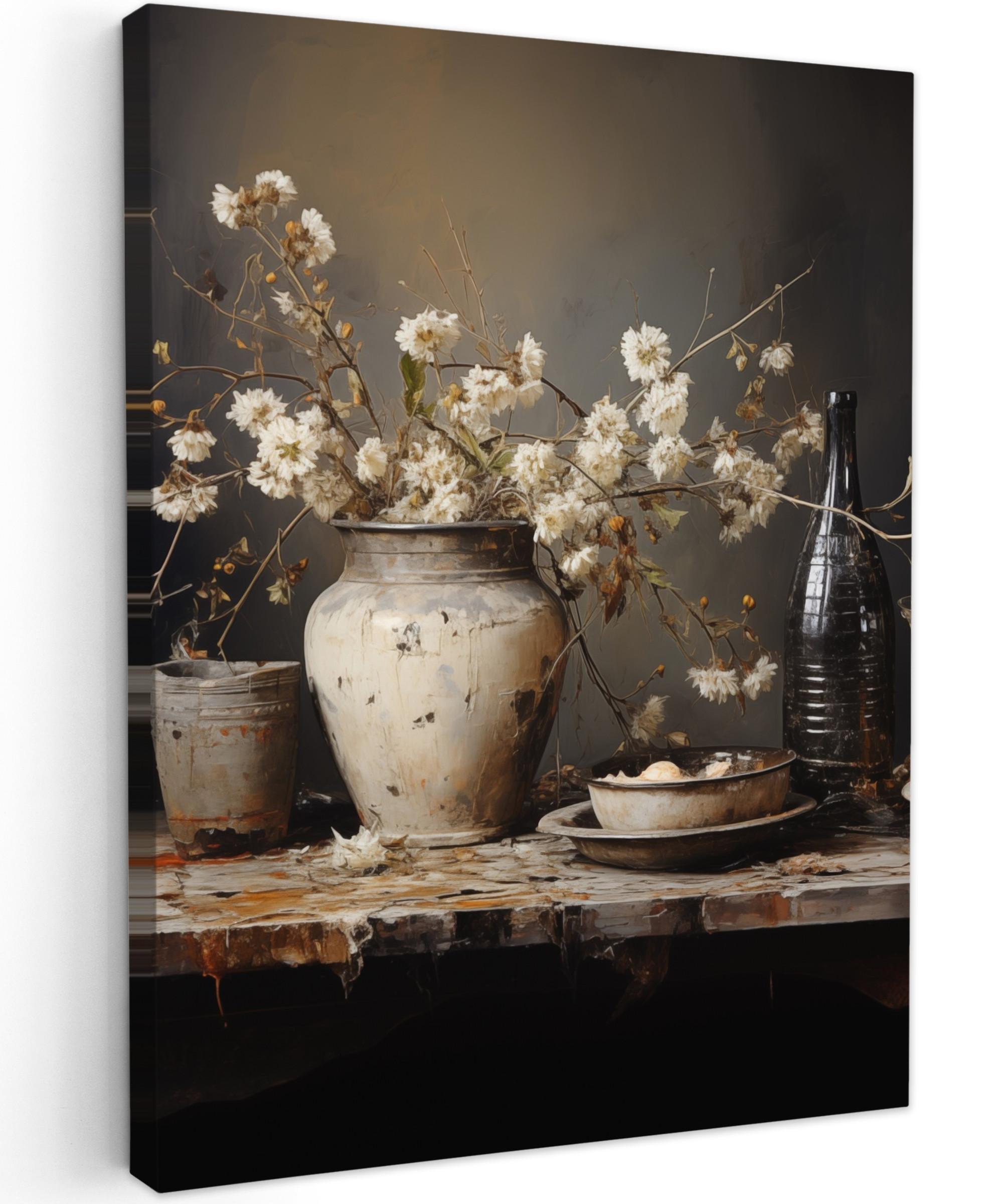 LEINWANDBILD Stilleben - Blumen - Blumenstrauß - Vase - Wein Room Decor 30x40 cm - Schwarz, Textil (30/40cm) - MuchoWow