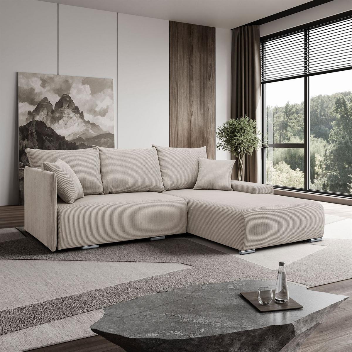 ECKSOFA LAVIO L mit Schlaffunktion und Bettzeugkasten Rechte - Beige, Textil (246/188cm) - Lookway