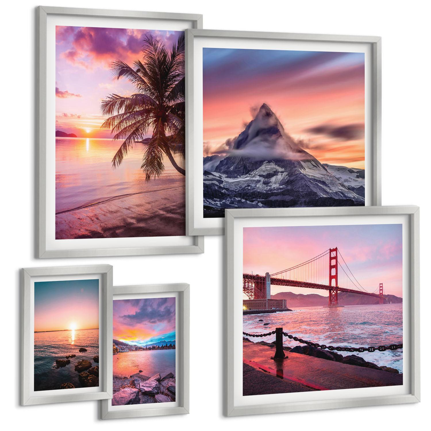 BILDER SET 5er Set - 50x50 cm & 20x30 cm & 40x60 cm Silberner Rahmen - Rosen, Champagner, Marmor, Pastell - Silberfarben, Kunststoff (40/60cm) - TULUP