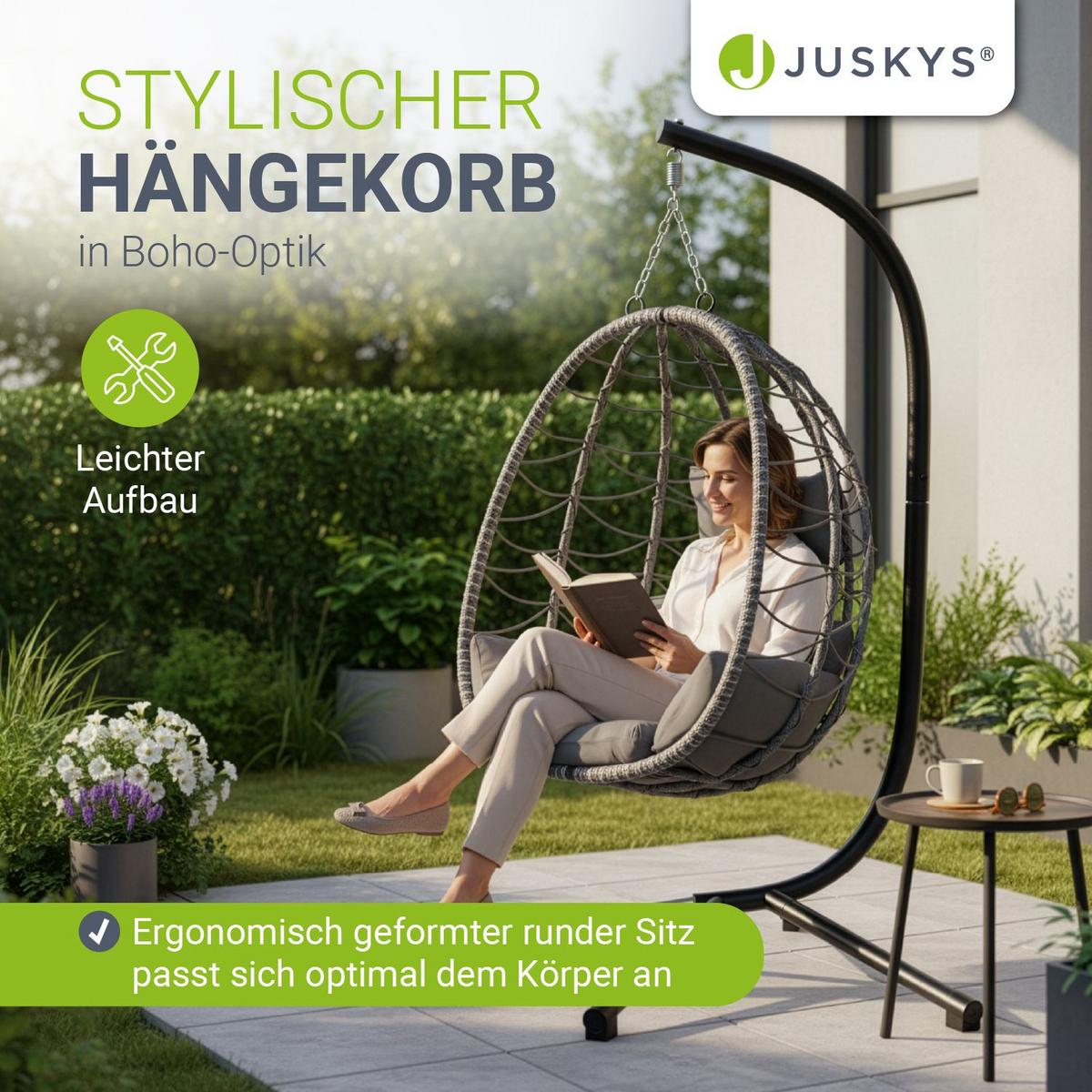 KORBHÄNGESESSEL Aria grau inkl. waschbare Bezüge - Grau, Kunststoff/Metall (95/196/95cm) - Juskys