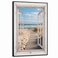 LEINWAND Bilder mit Rahmen - Fenster - Meer - Küste - Natur - Ausblick - Strand - Wattenmeer - 80x120 - Beige, Textil (80/120cm) - MuchoWow