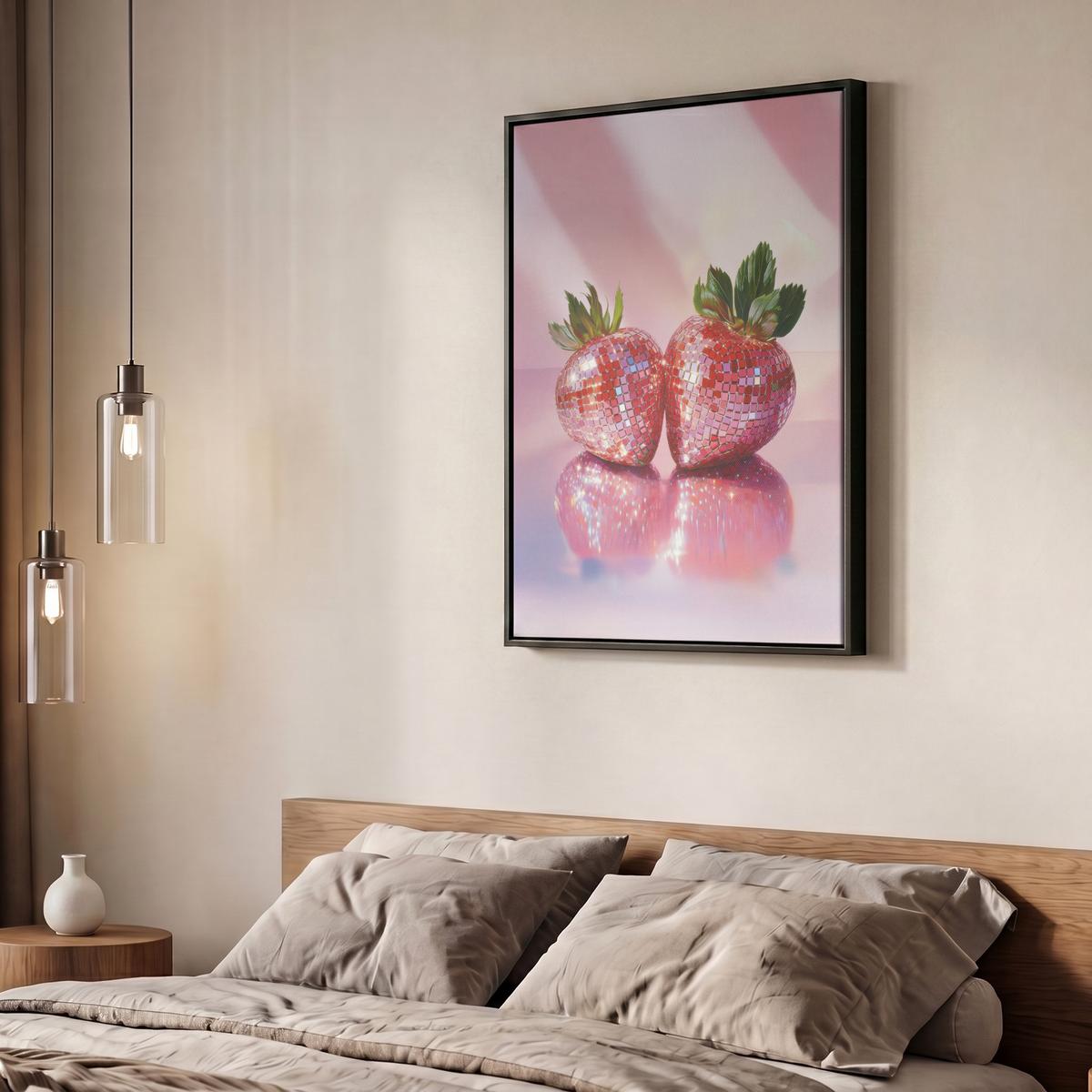 LEINWAND Bilder mit Rahmen - Disco - Obst - Glitzer - Erdbeere - 60x80 - Pink, Textil (60/80cm) - MuchoWow