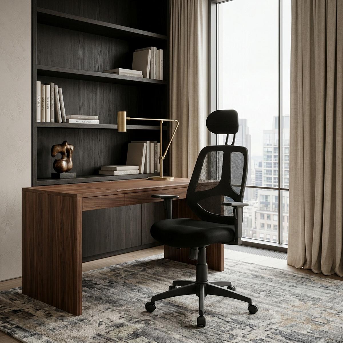 BÜRODREHSTUHL Schwarz Netz mit verstellbarer Kopfstütze, Armlehnen und 120 kg Belastbarkeit KOMFORTABEL - Schwarz, Textil (61/127/57cm) - KADIMA DESIGN