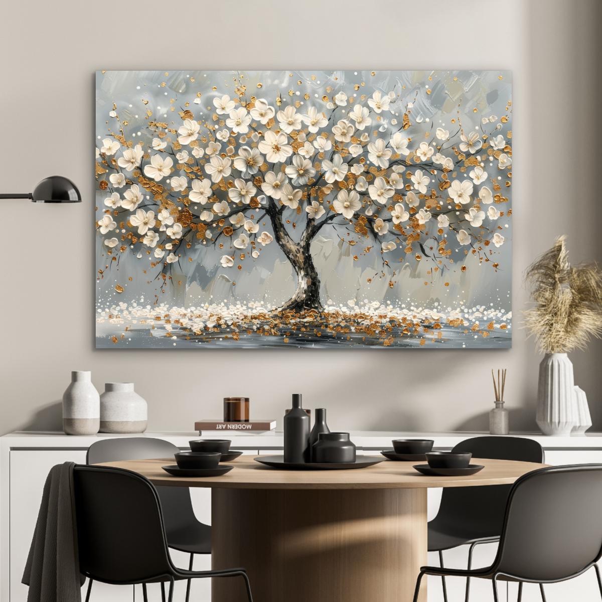 METALLBILD Baum - Blumen - Weiß - Natur - Kunst Deko Groß 120x80 cm - Weiß, Metall (120/80cm) - MuchoWow