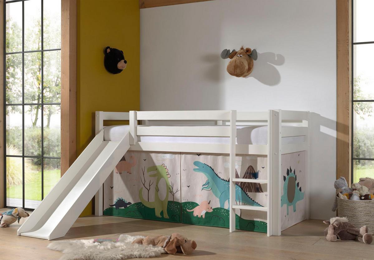 HOCHBETT mit Rutsche Karolina Massivholz Weiß Textilset Dino - Mauve/Weiß, Holz (90/200cm) - 58aufmkessel