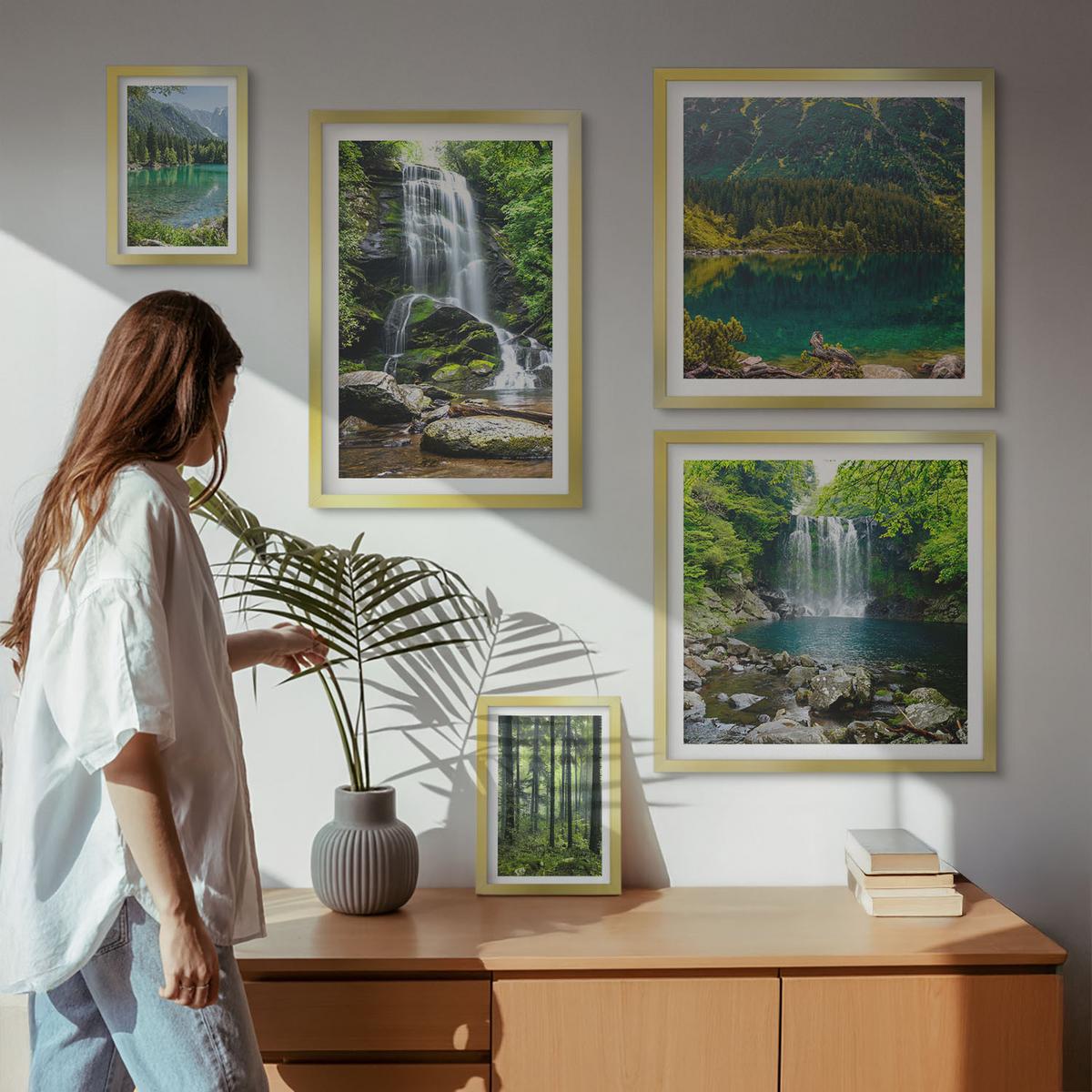 BILDER SET 5er Set - 50x50 cm & 20x30 cm & 40x60 cm Goldrahmen - Grüne Landschaften, Wasserfälle - Goldfarben, Kunststoff (40/60cm) - TULUP