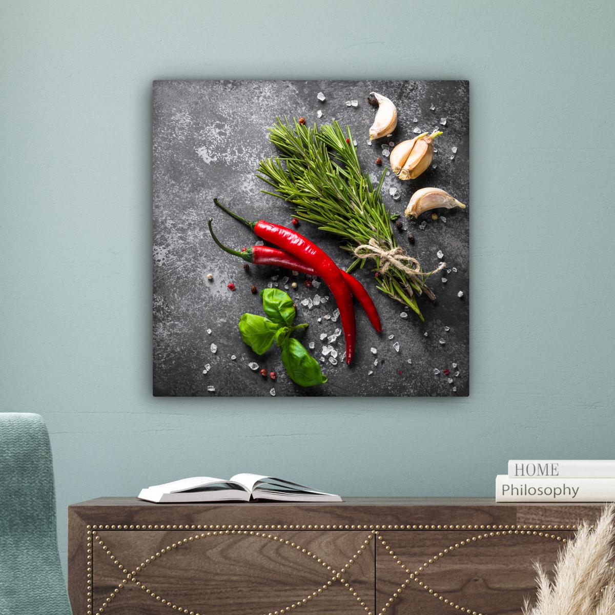 LEINWANDBILD Pfeffer - Kräuter - Gewürze - Beton Wandbild Wohnzimmer 50x50 cm - Dunkelgrau, Textil (50/50cm) - MuchoWow